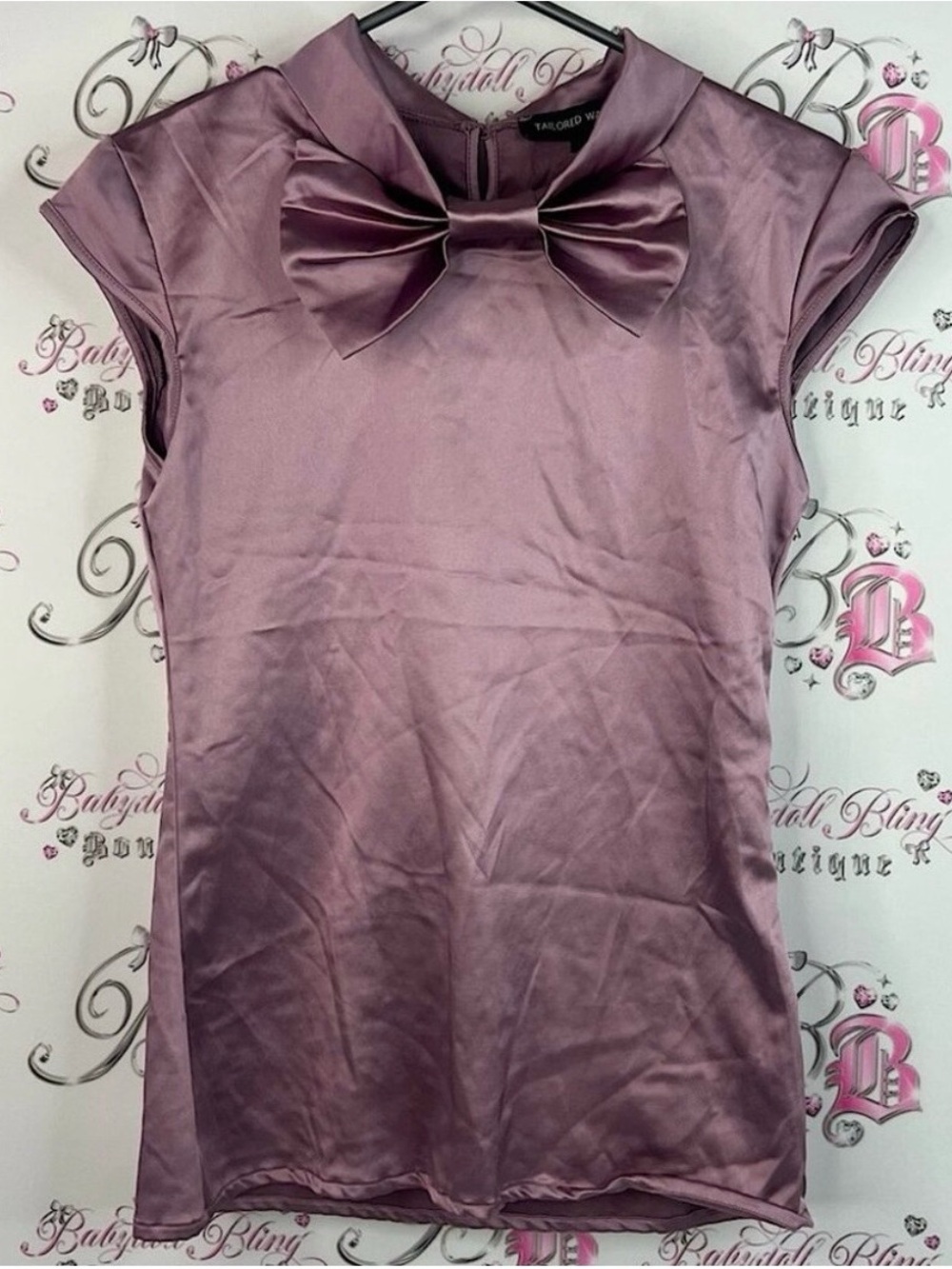 Tailor Vintage Mauve Satin Bow Neck Cap-Sleeve Top